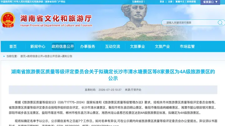 正在公示!湖南拟新增8家国家4A级景区,分布在长沙、衡阳等7市州,箴言书院、惹巴拉等在列