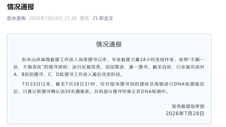 7月23日以来,重庆彭水山体崩塌已新搜寻确认出30名遇难者
