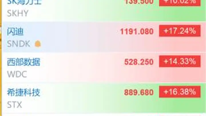 美股存储板块涨幅扩大 主要个股全部涨超10%