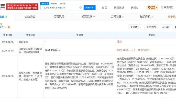 OPPO、小米智造基金等入股华芯智源
