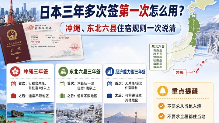 日本三年多次签证首次使用及冲绳东北六县住宿规则解析