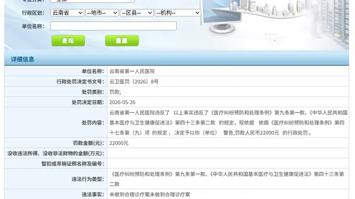云南卫健委拒绝公开8份行政处罚文书,市民提起复议