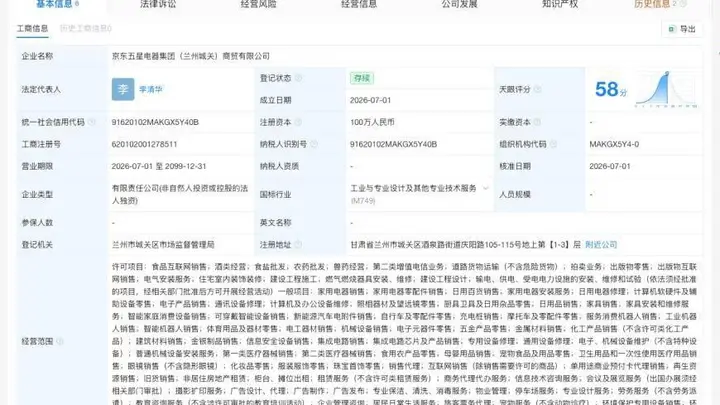 京东五星电器集团在兰州成立新公司