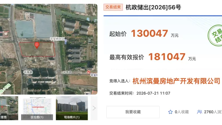 杭州土拍4宗地块揽金39.84亿 滨江集团揽获两宗溢价超30%地块