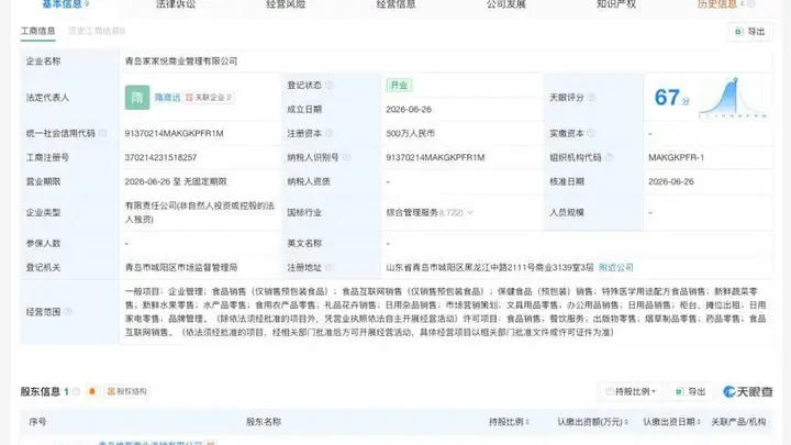 家家悦在青岛成立新公司