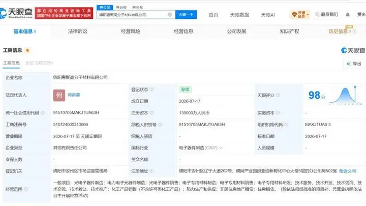 惠科股份携手绵阳国资成立高分子材料公司 注册资本13.5亿