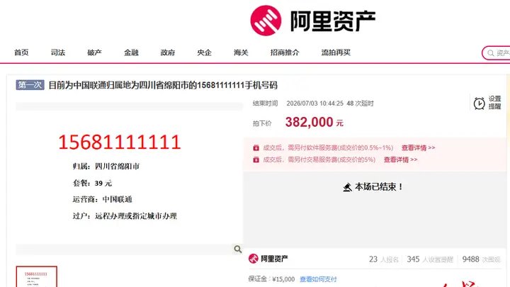 38.2万！四川绵阳一尾号1111111手机号被拍卖，过户后无最低消费