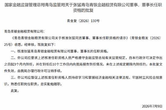 张猛获批担任青岛青银金租董事、董事长