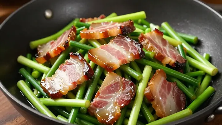 比腊肉炒蒜苗更清爽的搭配?腊肉炒蒜苔,一口脆嫩一口香