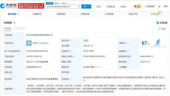 四方光电、高德红外等在武汉成立传感科技公司 注册资本500万